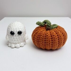 Handmade Halloween Crochet Ghost and Pumpkin Miniature Plushie Set